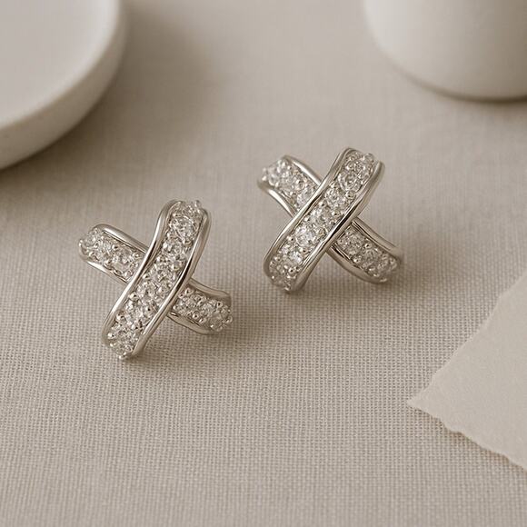 Sterling Silver CZ Earrings 1 Inch Criss Cross X Studs Sparkle Jewelry - Picture 1 of 10